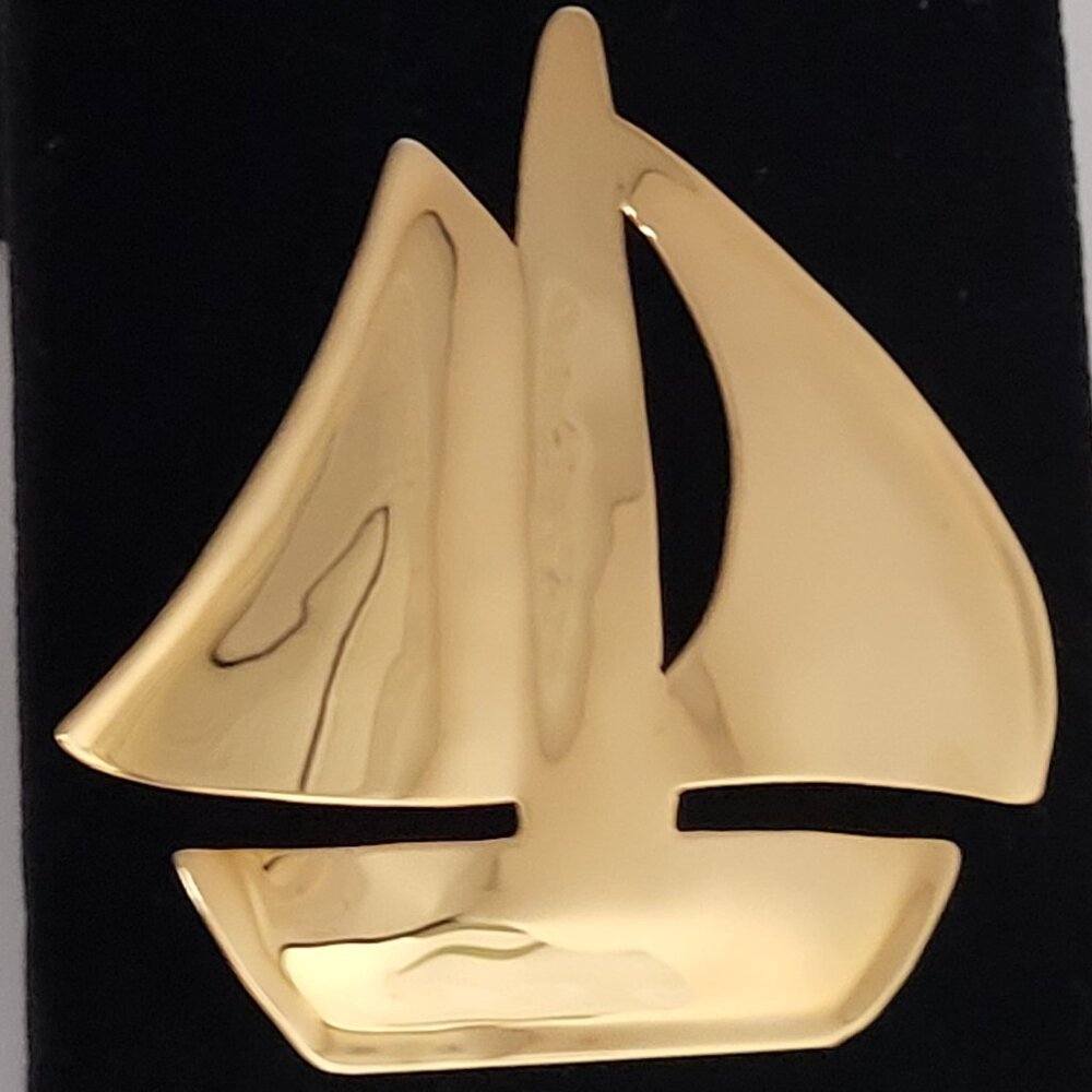 Sailboat Brooch Signed SH 2.5" Shiny Gold Tone